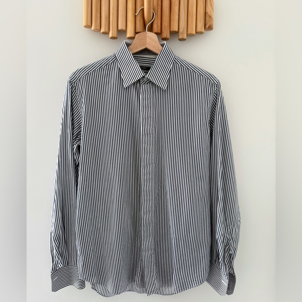 Pal Zileri Italian Dress Shirt 15.5 White Navy Striped Hidden Placket